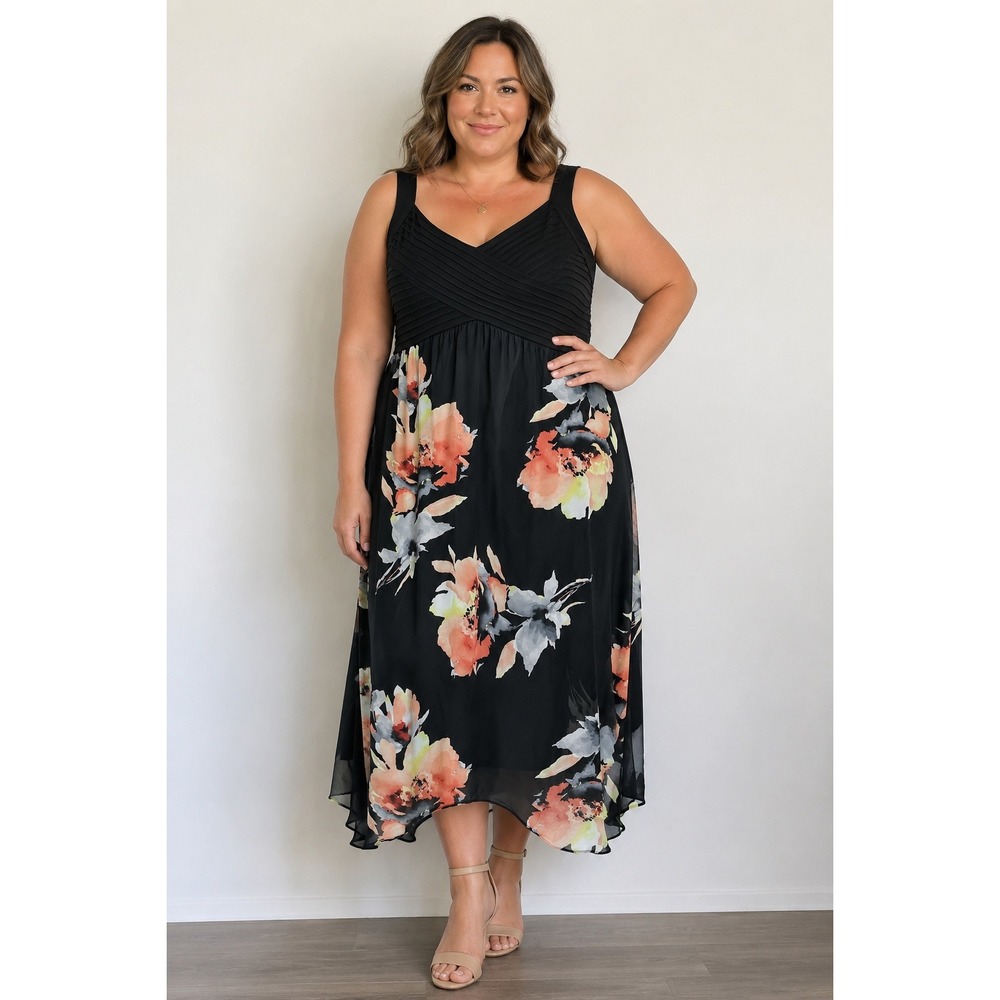 Avenue 18/20 Black Orange Floral Maxi Dress Chiffon Handkerchief Hem Plus Boho